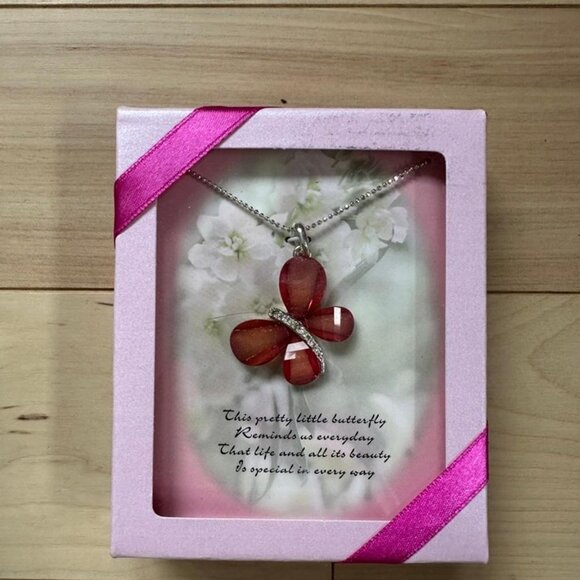 NIB Y2K Butterfly Rhinestone Necklace – Pink Pendant on Silver Chain - Picture 2 of 6